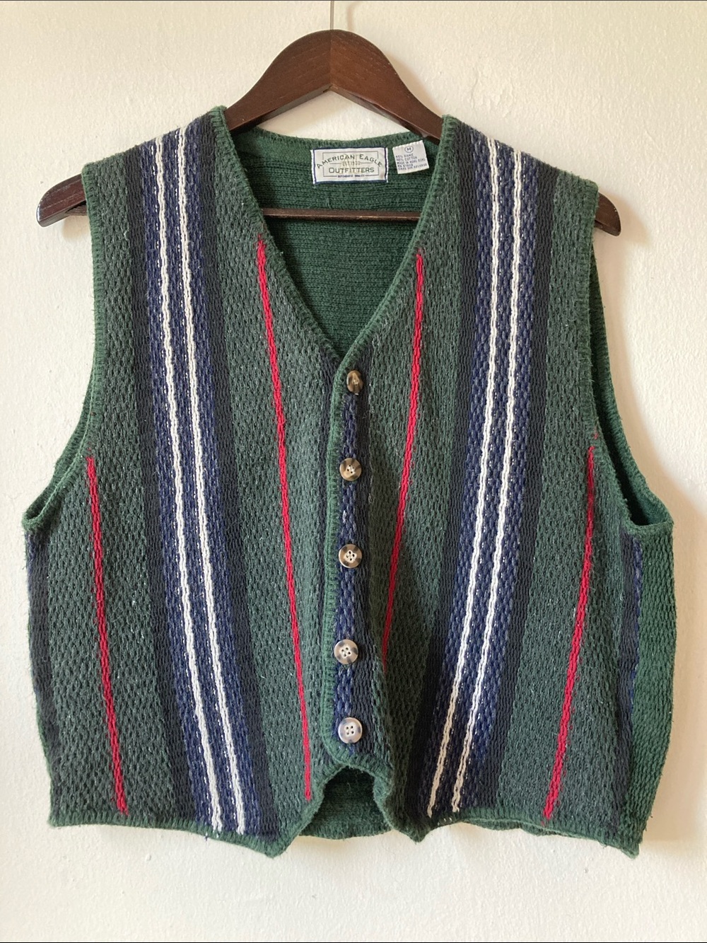 American Eagle Outfitters Vintage Green Striped Knit Vest Button Front M